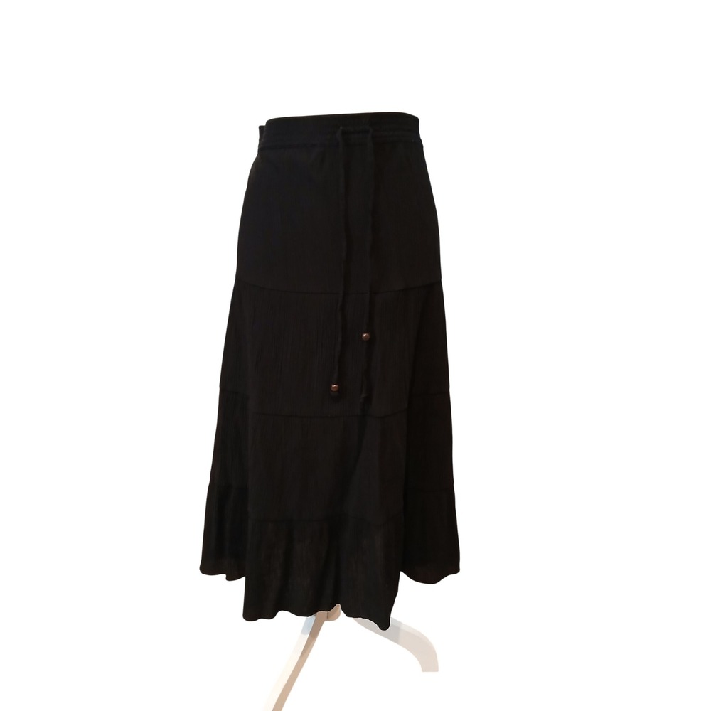 Sag Harbor Womens Large Black Tiered Maxi Skirt Crinkle Drawstring Boho - Read